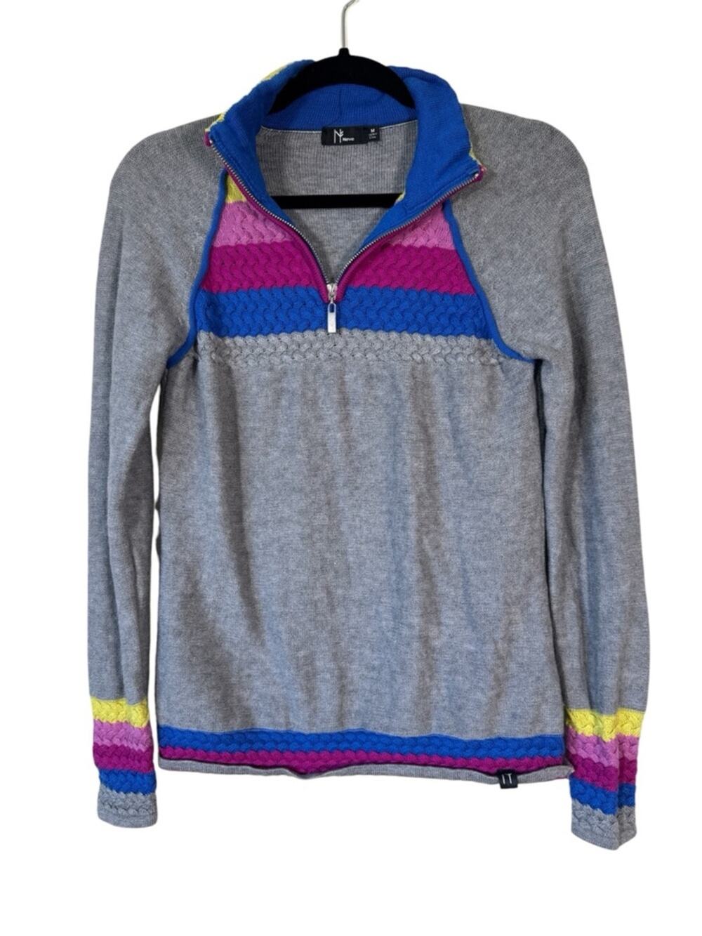 Neve Grey Blue Merino Wool Quarter Zip Sweater Womens M Preppy Gorpcore Warm